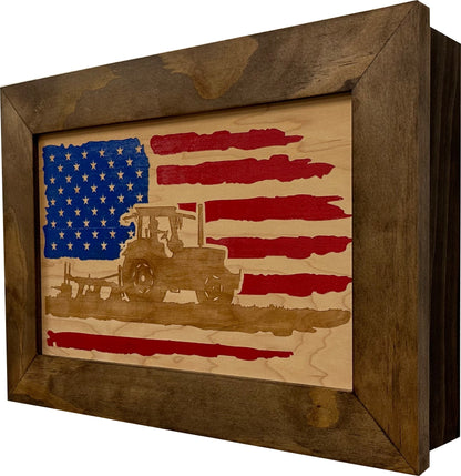 Bellewood Designs - Locking Gun Cabinet Wall Mounted with American Flag and Farmer Patriotic Decorative Front