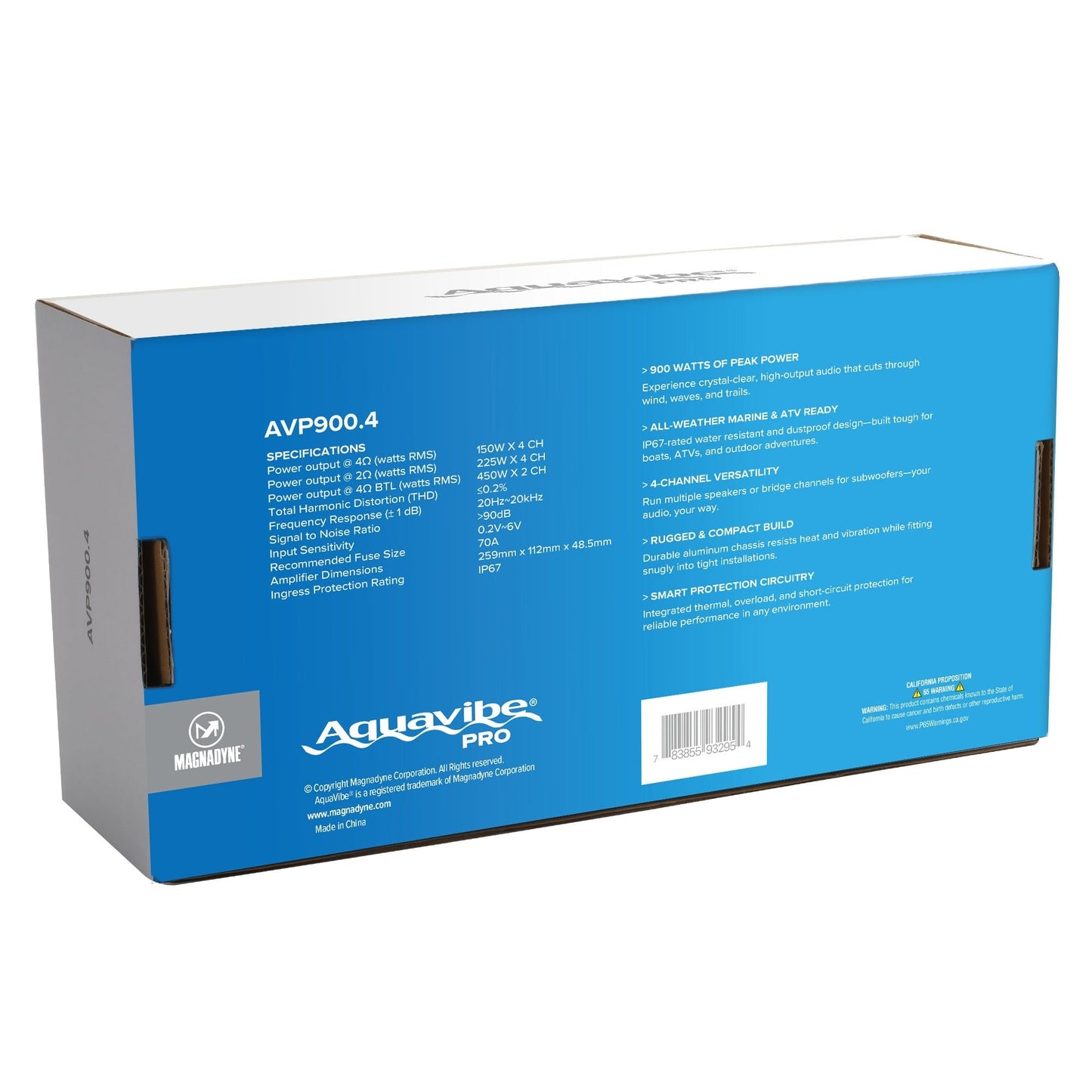 Magnadyne AquaVibe Pro 4-Channel Class D 900-Watt Marine Amplifier IP67 Rated