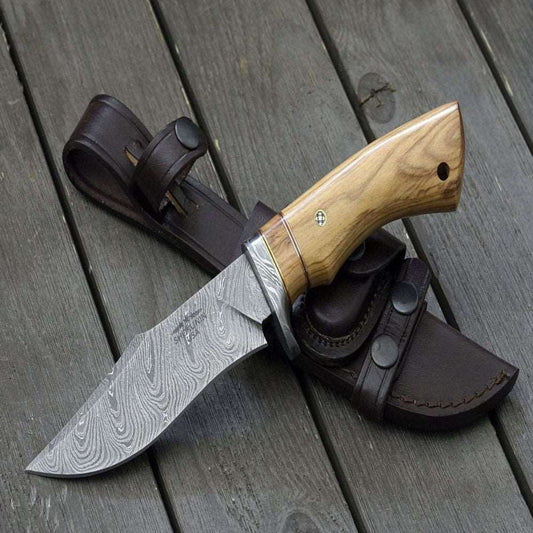 Shokunin USA Avatar Damascus Hunting Knife with Exotic Olive Wood Handle