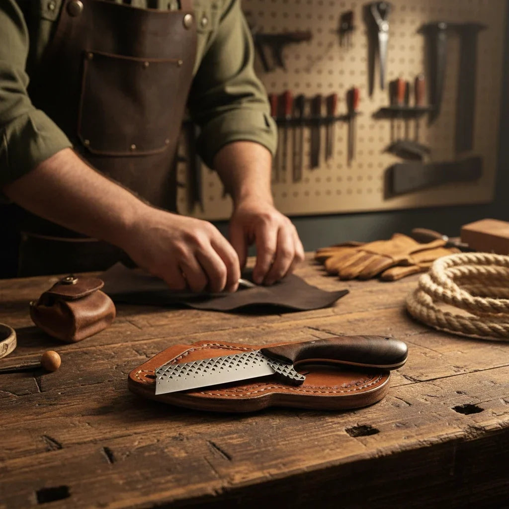 Frontier Cowboy Gear The Rustler – Custom Handmade Farrier Rasp Steel Bull Cutter Knife with Burl Rosewood Handle & Leather Sheath