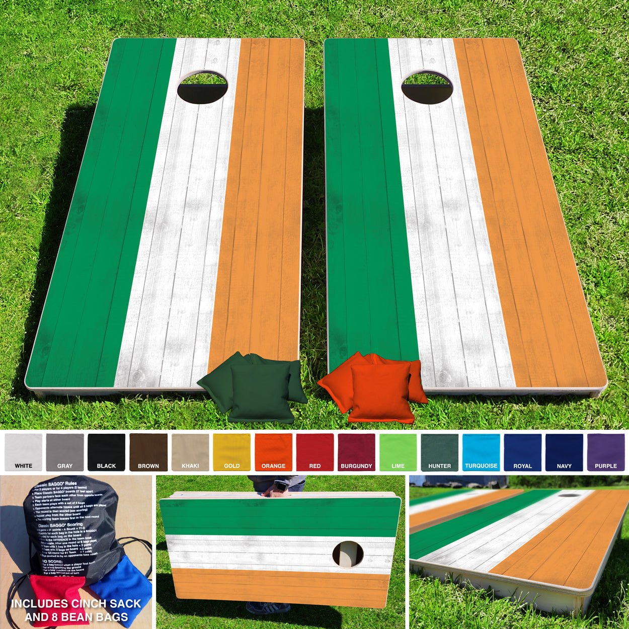 Baggo Irish Woodgrain Flag Pro Style Cornhole Bean Bag Toss Game 24x48 with 8 Regulation 16oz Bags - Angler's Pro Tackle & Outdoors