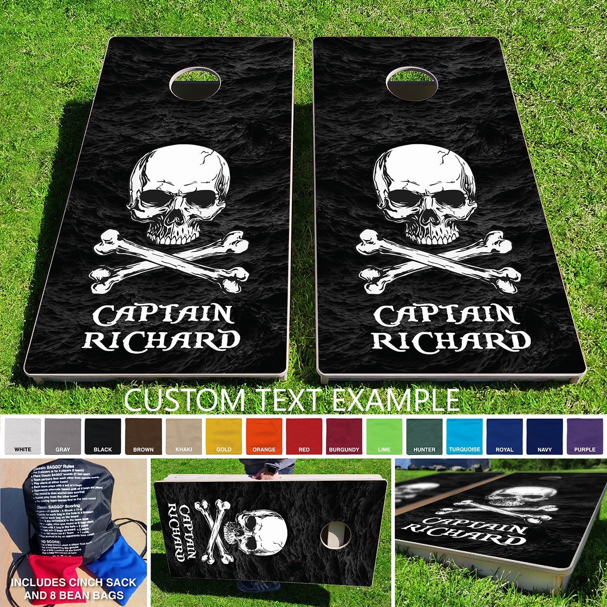 Baggo Pirate Skull & Bones Black Sea Pro Style Cornhole Bean Bag Toss Game 24x48 with 8 Regulation 16oz Bags - Angler's Pro Tackle & Outdoors