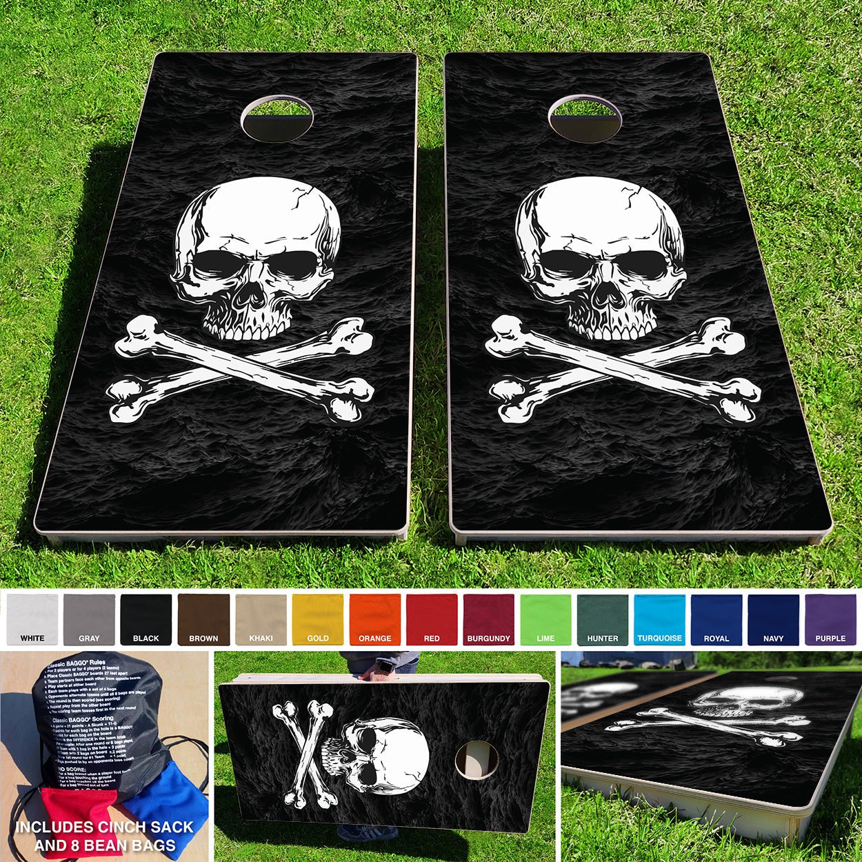 Baggo Pirate Skull & Bones Black Sea Pro Style Cornhole Bean Bag Toss Game 24x48 with 8 Regulation 16oz Bags - Angler's Pro Tackle & Outdoors