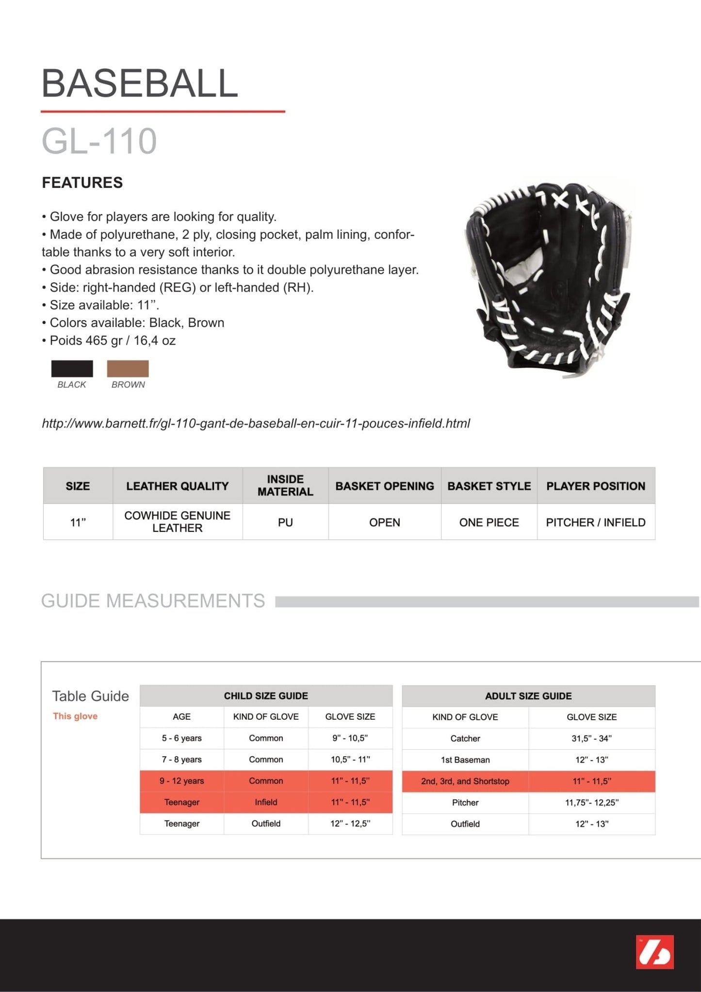 Barnett GL - 110 Competition infield baseball glove 11, Black - Angler's Pro Tackle & Outdoors