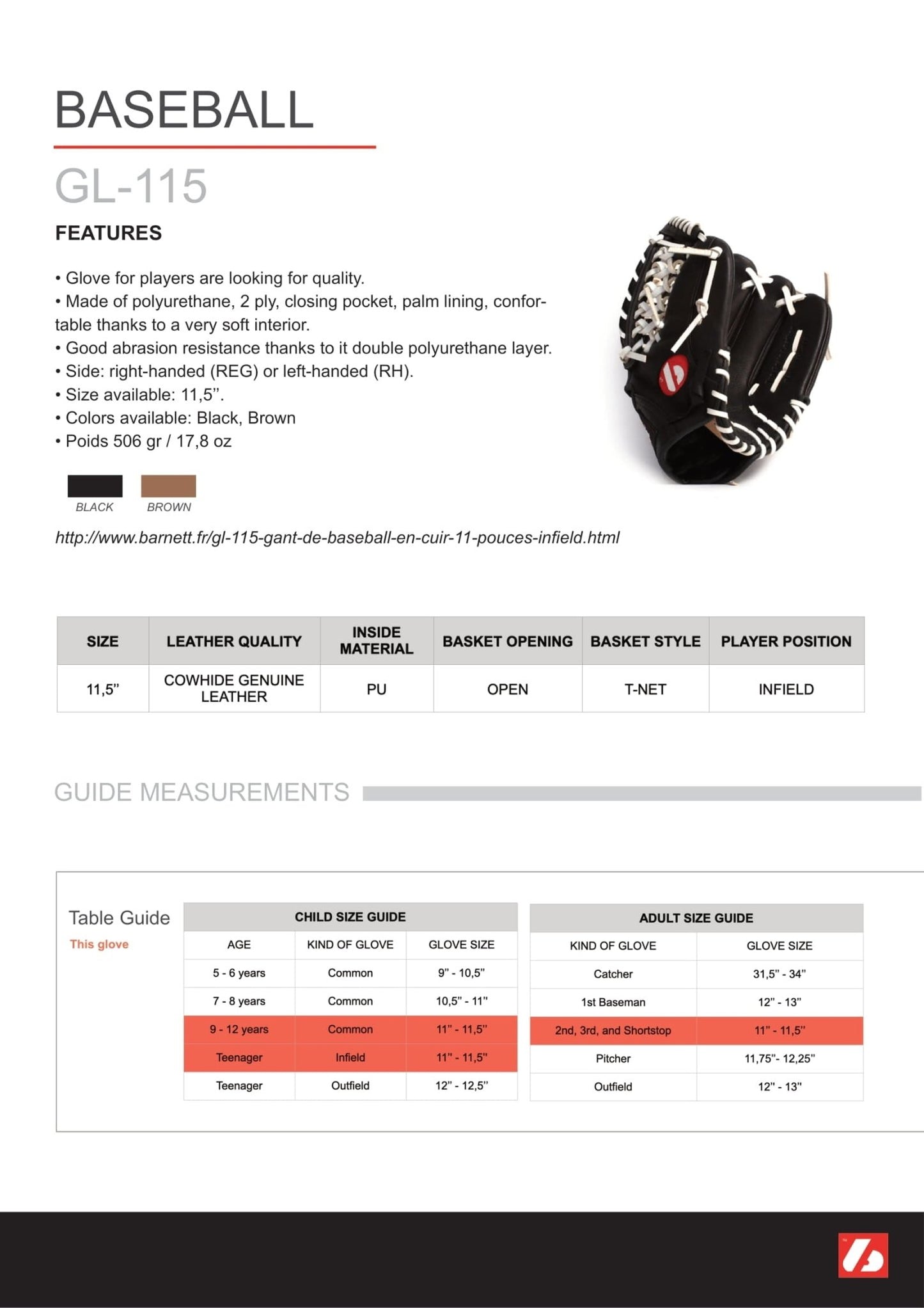 Barnett GL - 115 Competition infield baseball Glove 11.5, black - Angler's Pro Tackle & Outdoors