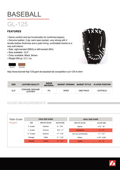Barnett GL - 125 Competition baseball glove, genuine leather, outfield 12.5, Black - Angler's Pro Tackle & Outdoors
