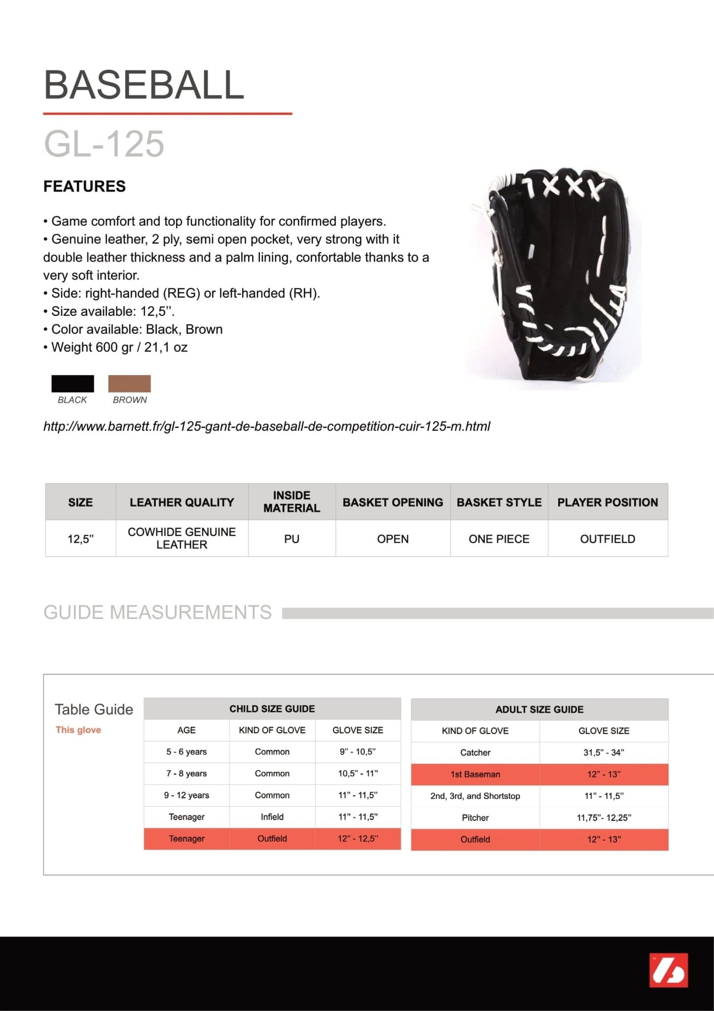 Barnett GL - 125 Competition baseball glove, genuine leather, outfield 12.5, Brown - Angler's Pro Tackle & Outdoors