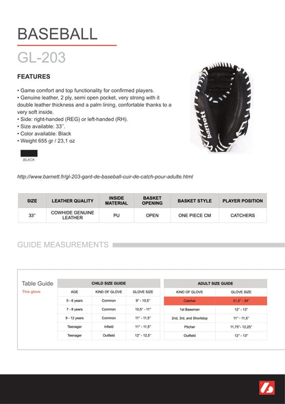 Barnett GL - 203 Black Adult Catcher Baseball Glove, Leather - Angler's Pro Tackle & Outdoors
