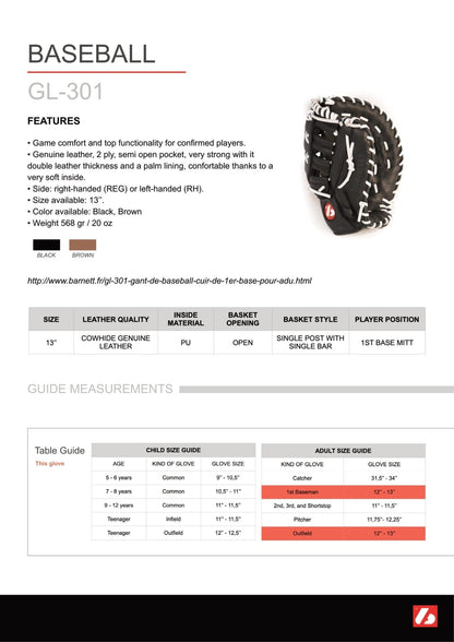 Barnett GL - 301 Competition first base baseball glove, genuine leather, size 31, Brown - Angler's Pro Tackle & Outdoors
