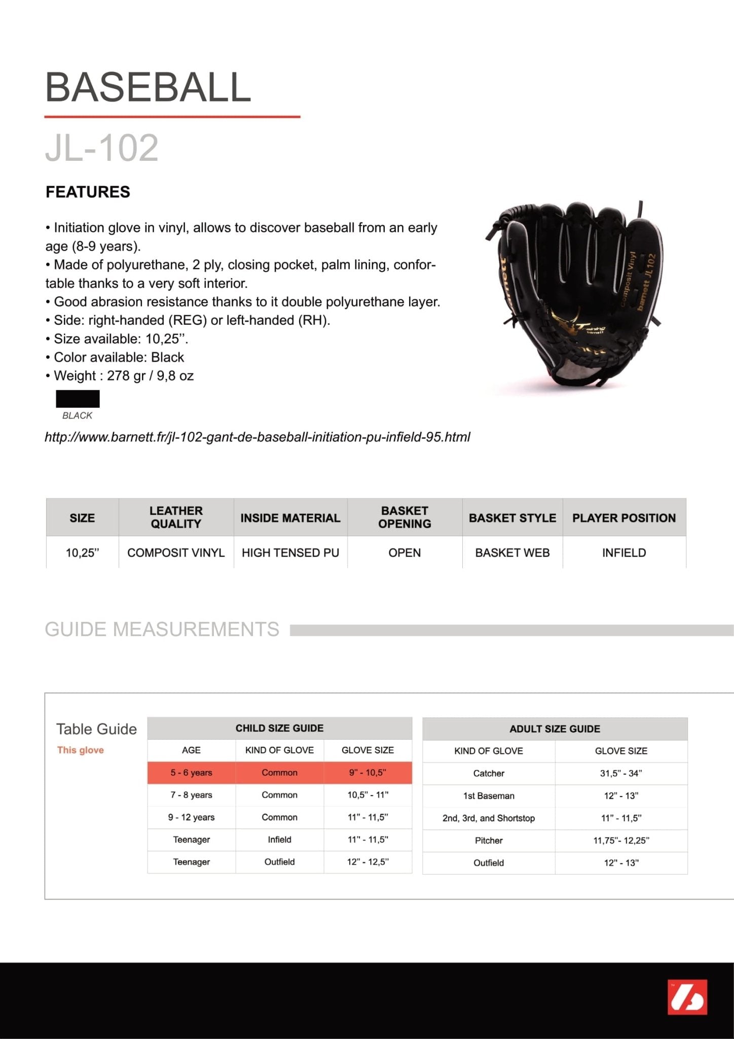 Barnett JL - 102 Composite baseball glove, Infield, Size 10,25, Black - Angler's Pro Tackle & Outdoors