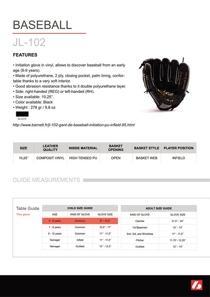 Barnett JL - 102 Composite baseball glove, Infield, Size 10,25, Black - Angler's Pro Tackle & Outdoors