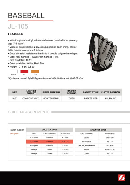 Barnett JL - 105 - Baseball glove, outfield, polyurethane, size 10.5 ", Tan color (Right Hand Throw) - Angler's Pro Tackle & Outdoors