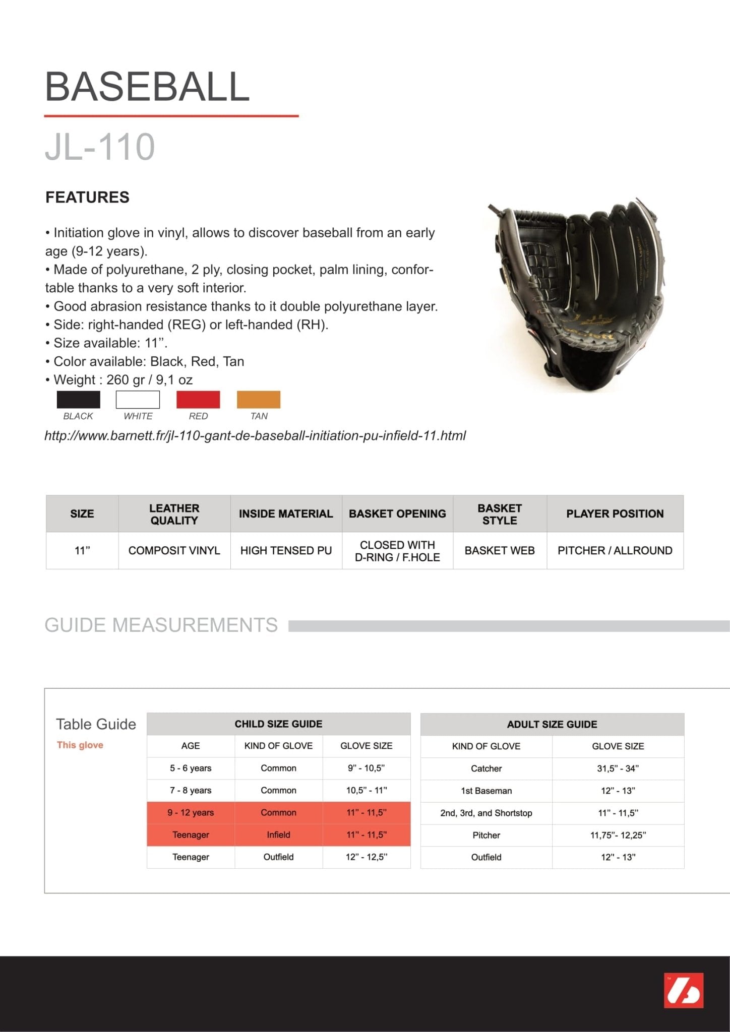 Barnett JL - 110 Composite baseball glove, Infield, Size 11, Black - Angler's Pro Tackle & Outdoors