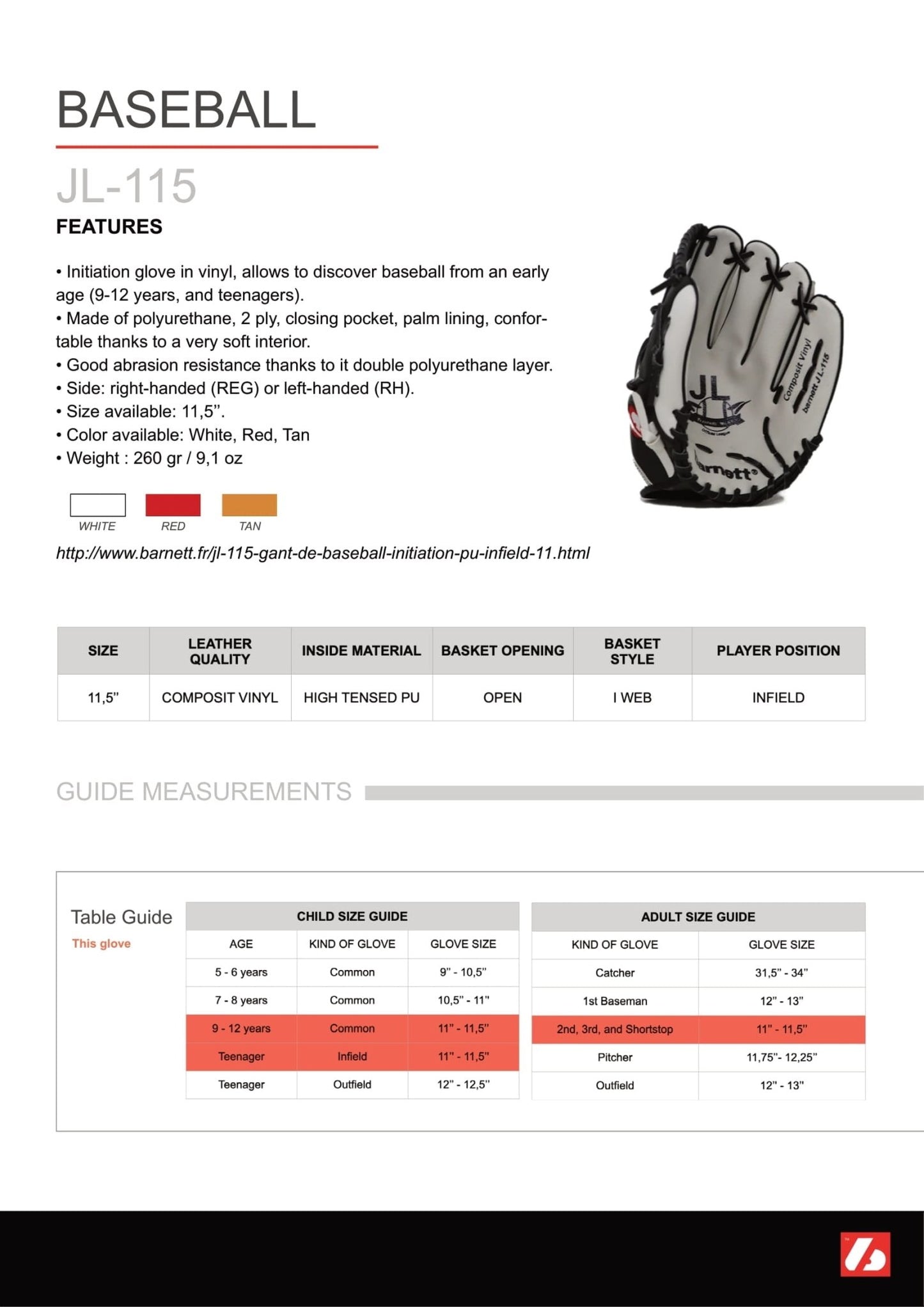 Barnett JL - 115 baseball glove, outfield, polyurethane, size 11,5", Red color (Right Hand Throw) - Angler's Pro Tackle & Outdoors