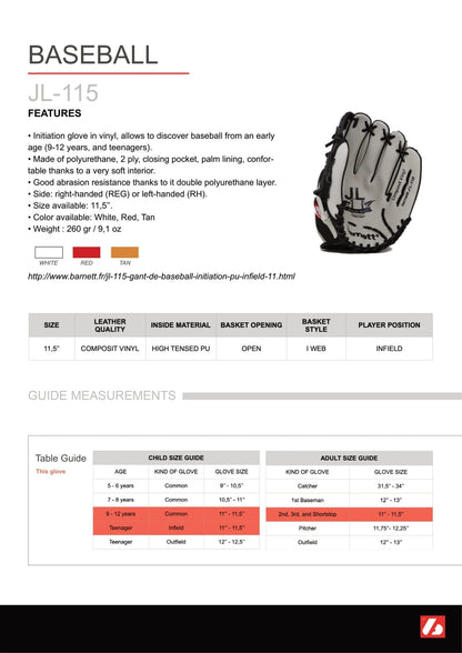 Barnett JL - 115 baseball glove, outfield, polyurethane, size 11,5", Red color (Right Hand Throw) - Angler's Pro Tackle & Outdoors