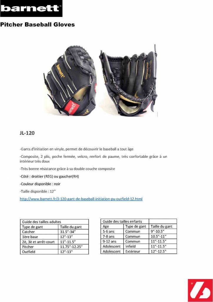 Barnett JL - 120 INITIATION BASEBALL GLOVE PU OUTFIELD 12, BLACK - Angler's Pro Tackle & Outdoors