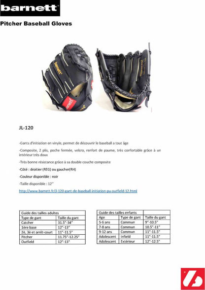 Barnett JL - 120 INITIATION BASEBALL GLOVE PU OUTFIELD 12, BLACK - Angler's Pro Tackle & Outdoors