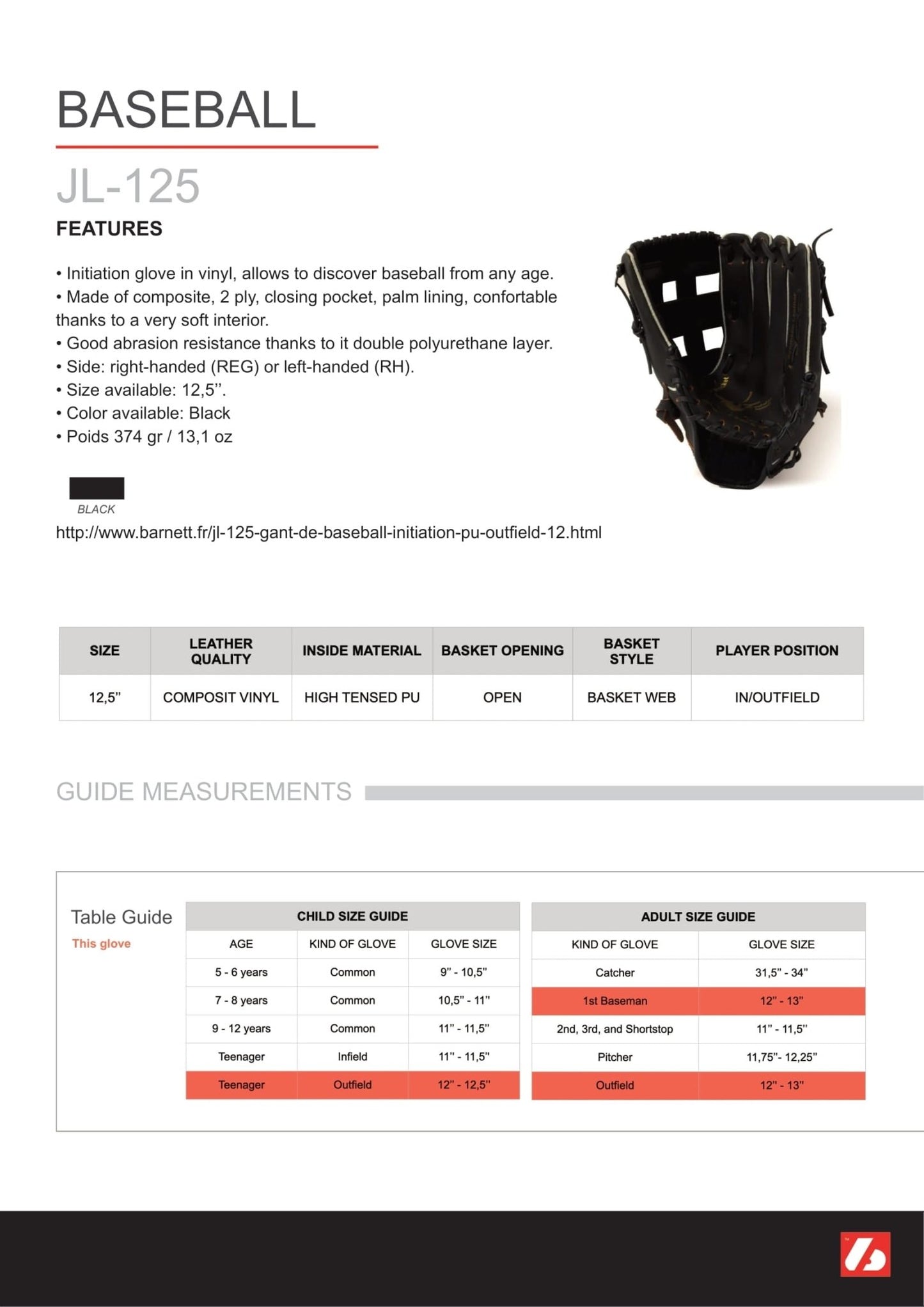 Barnett JL - 125 Vinyl baseball glove, Outfield, size 12,5, Black - Angler's Pro Tackle & Outdoors
