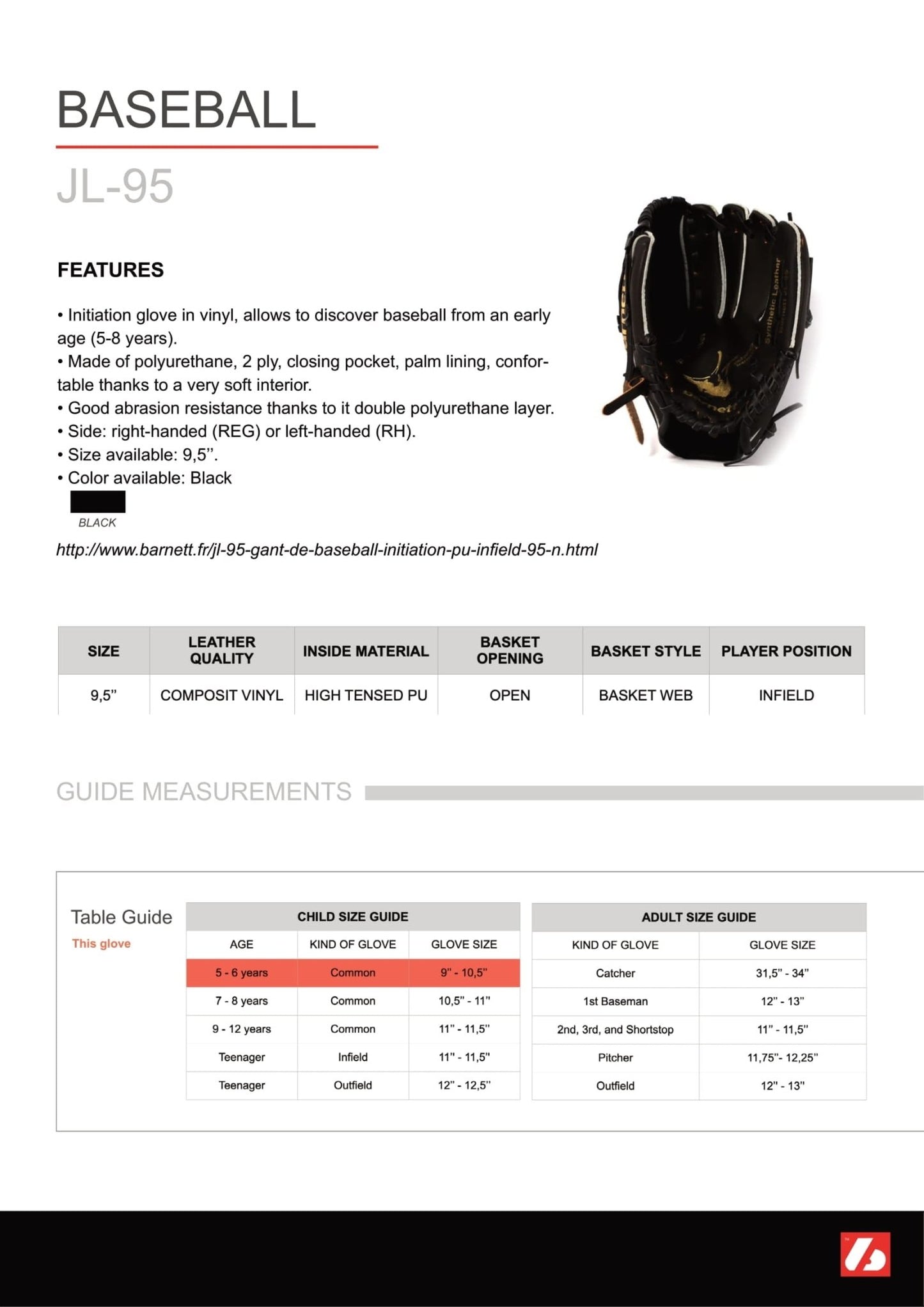 Barnett JL - 95 Composite baseball glove, Infield, size 9.5, Black - Angler's Pro Tackle & Outdoors
