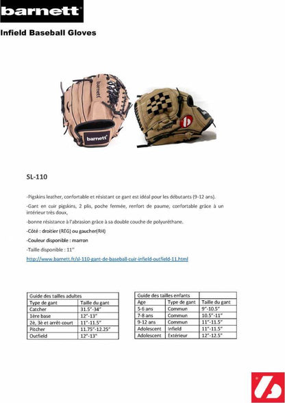 Barnett SL - 110 Baseball gloves in leather infield/outfield size 11, Brown - Angler's Pro Tackle & Outdoors