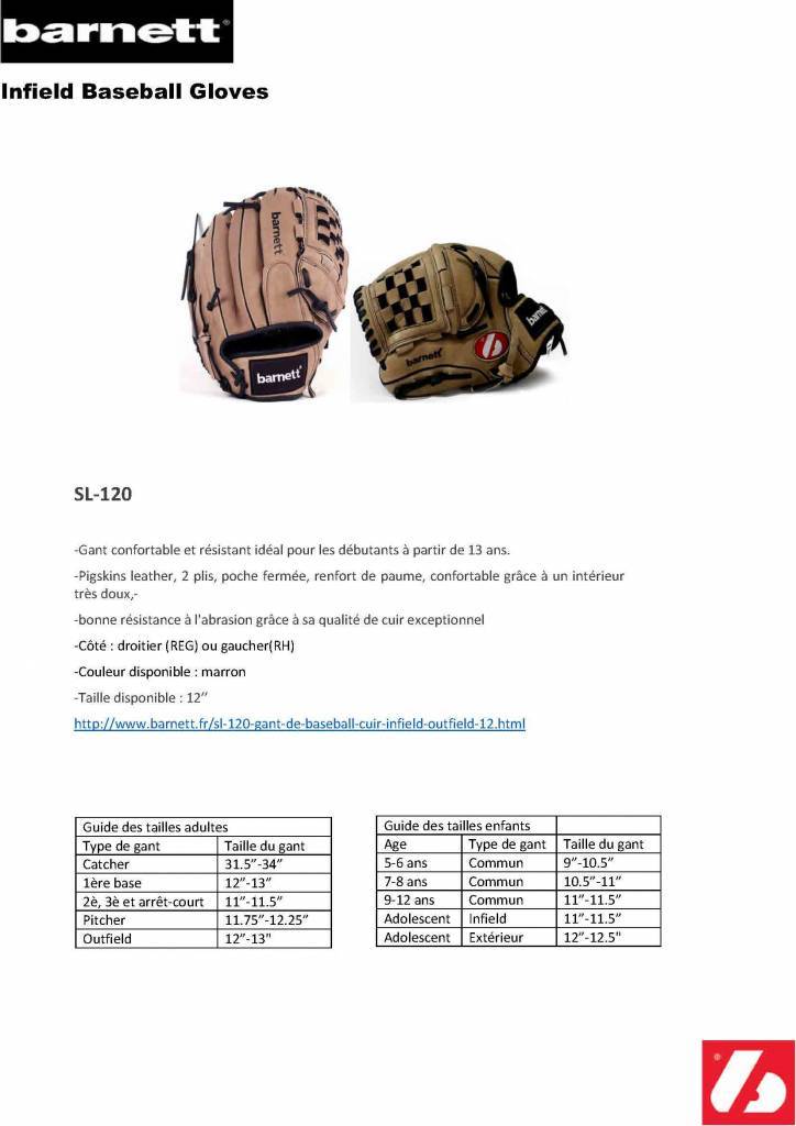 Barnett SL - 120 Baseball gloves in leather infield/outfield, size 12, brown - Angler's Pro Tackle & Outdoors