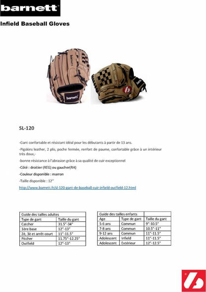 Barnett SL - 120 Baseball gloves in leather infield/outfield, size 12, brown - Angler's Pro Tackle & Outdoors