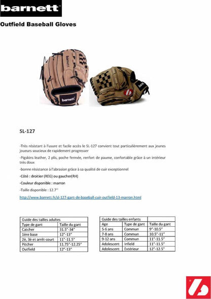 Barnett SL - 127 leather baseball glove, outfield, size 12.7, Brown - Angler's Pro Tackle & Outdoors