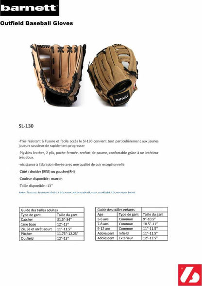 Barnett SL - 130 Leather baseball glove, outfield, size 13, Brown - Angler's Pro Tackle & Outdoors