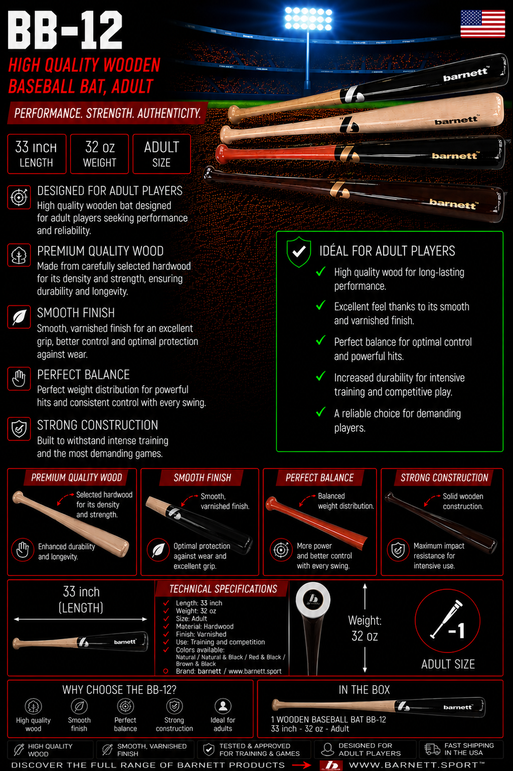 Barnett BB-12 baseball bat in quality wood, adult