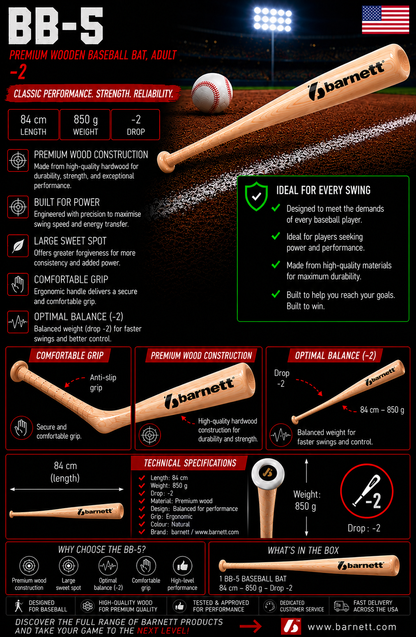 Barnett BB-5 Baseball bat in superior maple wood, high resistance, pro