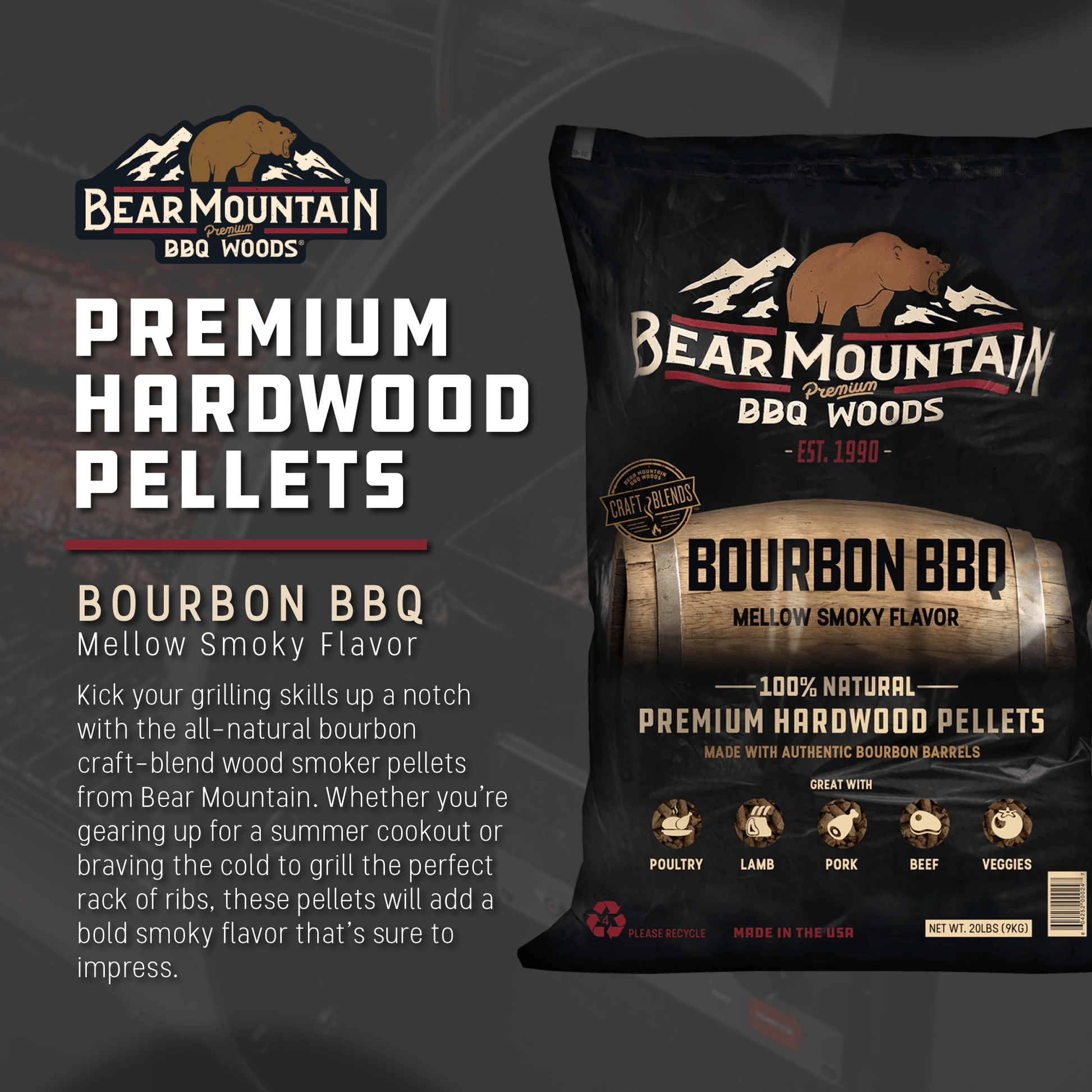 Bear Mountain BBQ All Natural Bourbon Craft Blend Wood Smoker Pellets, 20 Pounds - Angler's Pro Tackle & Outdoors