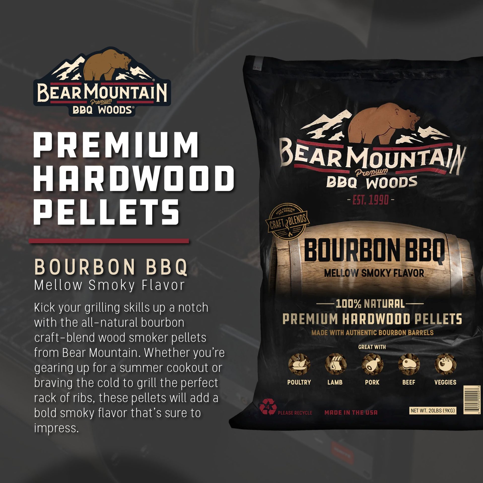 Bear Mountain BBQ All Natural Bourbon Craft Blend Wood Smoker Pellets, 20 Pounds - Angler's Pro Tackle & Outdoors