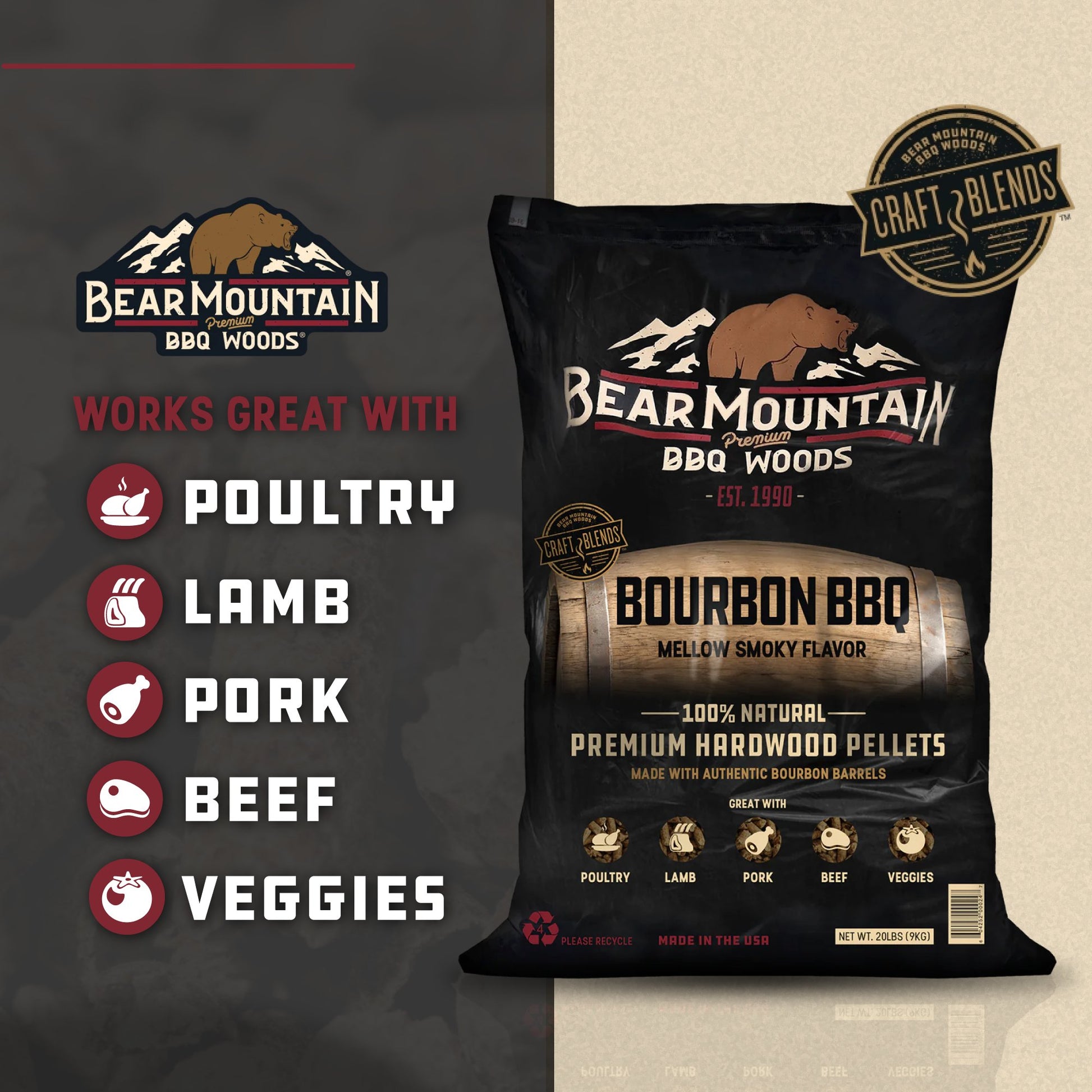 Bear Mountain BBQ All Natural Bourbon Craft Blend Wood Smoker Pellets, 20 Pounds - Angler's Pro Tackle & Outdoors