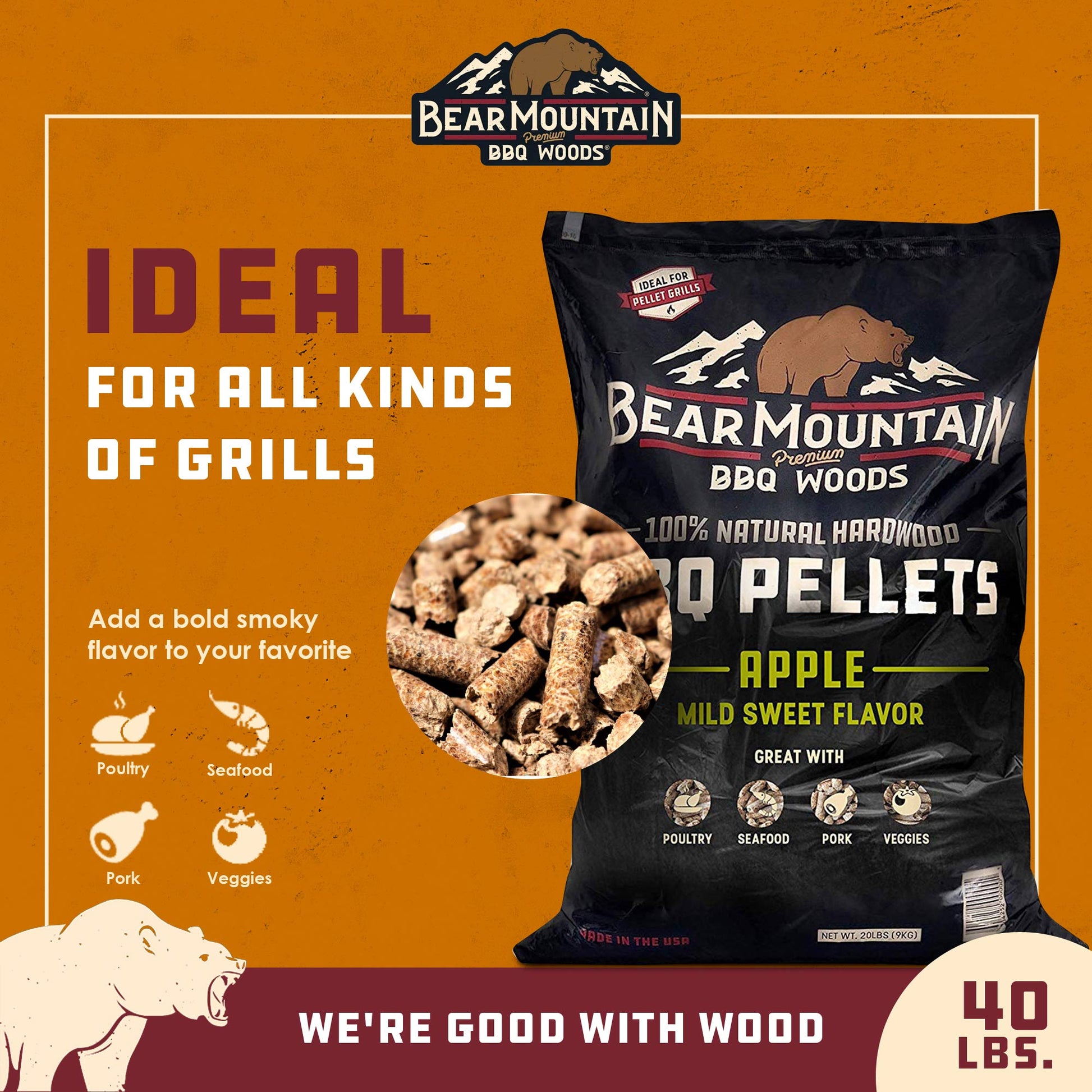 Bear Mountain BBQ All Natural Hardwood Apple Smoker Pellets, 40 Pounds (2 Pack) - Angler's Pro Tackle & Outdoors