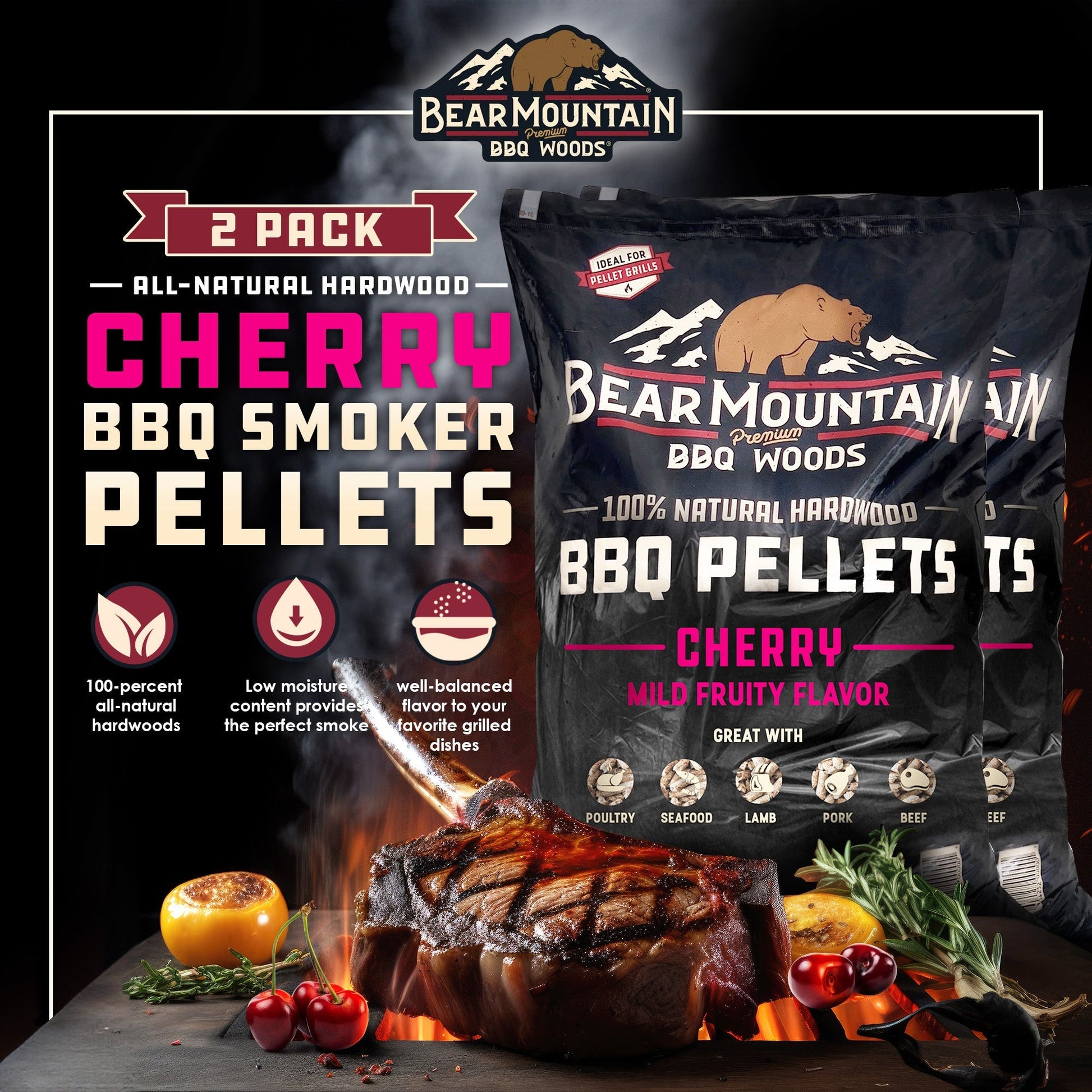 Bear Mountain BBQ All Natural Hardwood Cherry Smoker Pellets, 20 lbs (2 Pack) - Angler's Pro Tackle & Outdoors