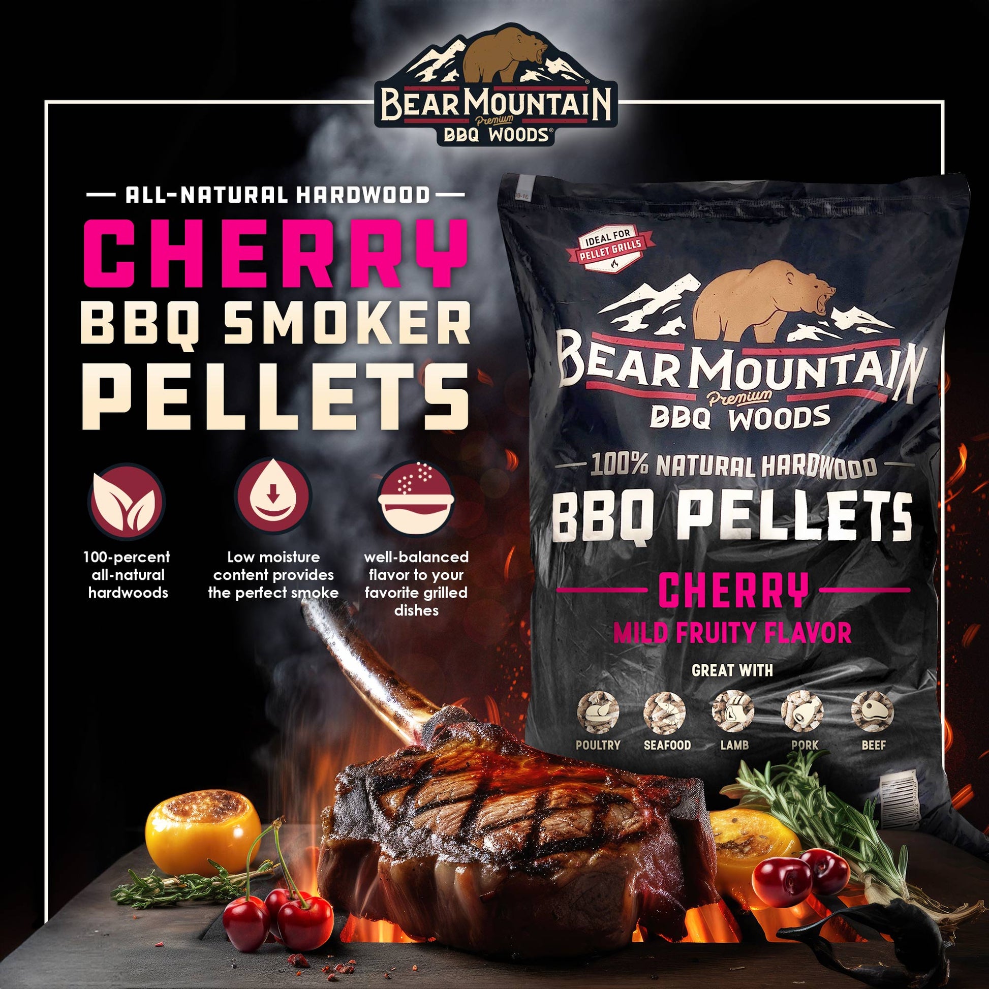 Bear Mountain BBQ All Natural Hardwood Cherry Smoker Pellets, 40 Pounds (2 Pack) - Angler's Pro Tackle & Outdoors