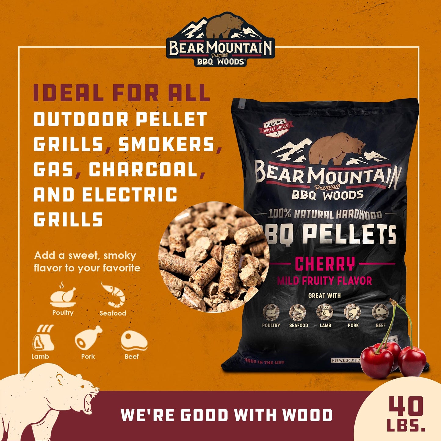 Bear Mountain BBQ All Natural Hardwood Cherry Smoker Pellets, 40 Pounds (2 Pack) - Angler's Pro Tackle & Outdoors