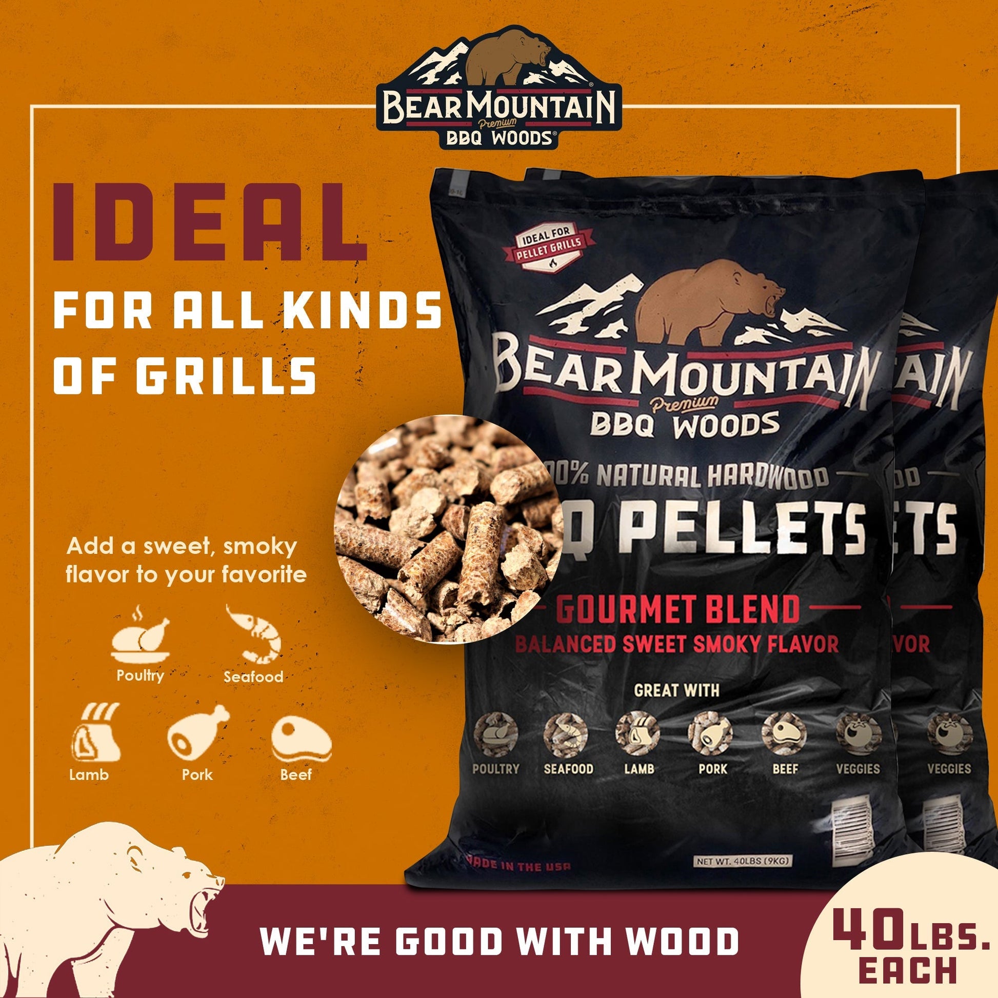 Bear Mountain BBQ All - Natural Hardwood Gourmet Smoker Pellets, 40 lbs (2 Pack) - Angler's Pro Tackle & Outdoors