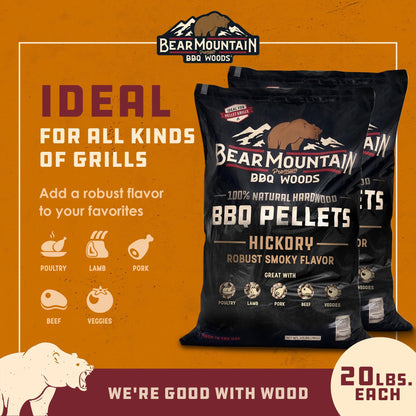 Bear Mountain BBQ All - Natural Hardwood Hickory Smoker Pellets, 20 Lb (2 Pack) - Angler's Pro Tackle & Outdoors