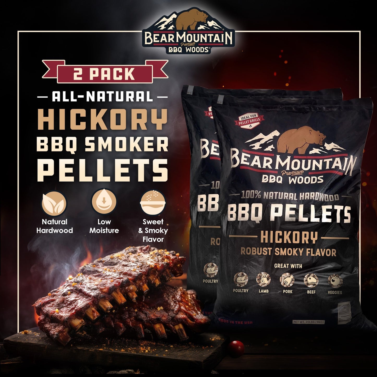 Bear Mountain BBQ All - Natural Hardwood Hickory Smoker Pellets, 20 Lb (2 Pack) - Angler's Pro Tackle & Outdoors