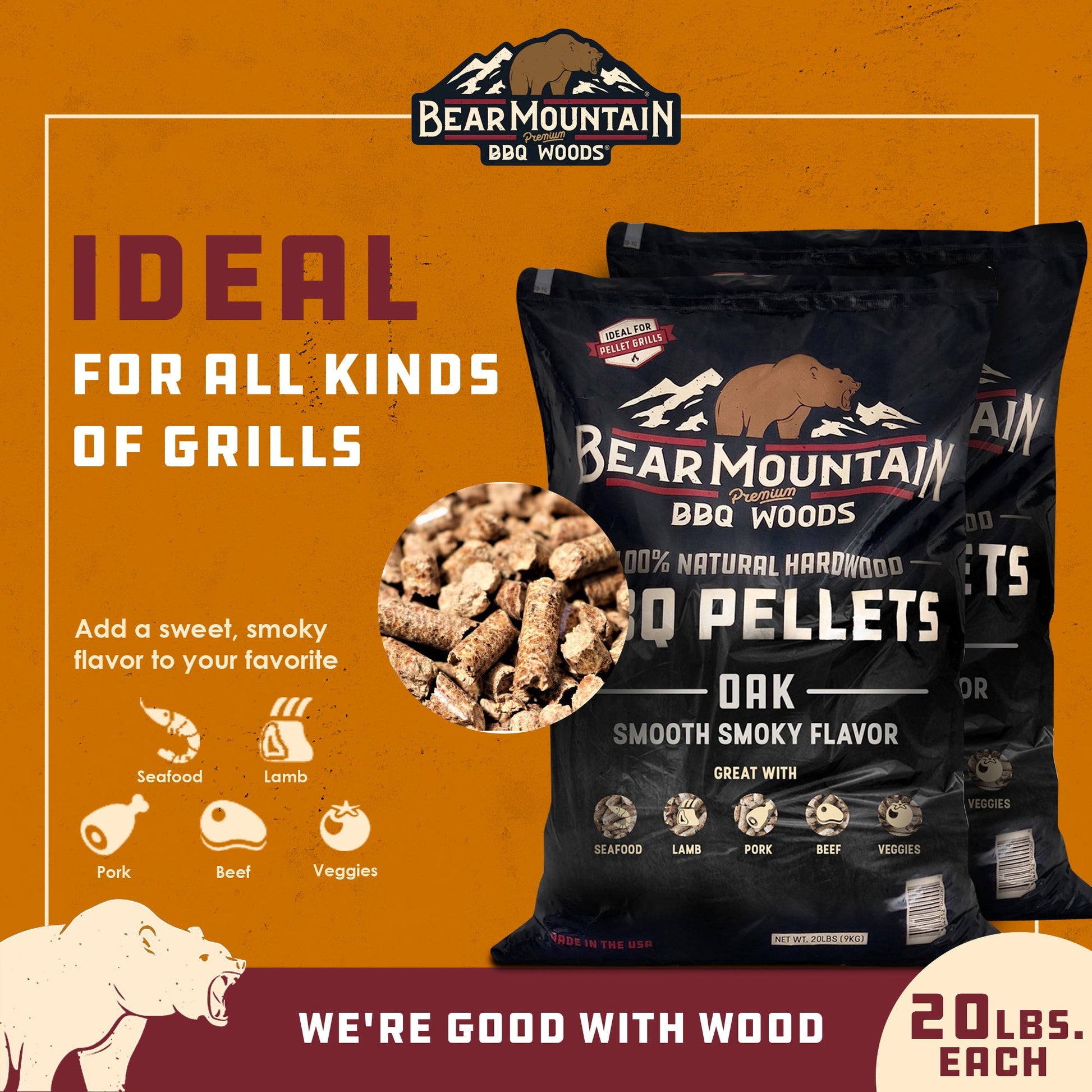 Bear Mountain BBQ All Natural Hardwood Oak BBQ Smoker Pellets, 20 lbs (2 Pack) - Angler's Pro Tackle & Outdoors