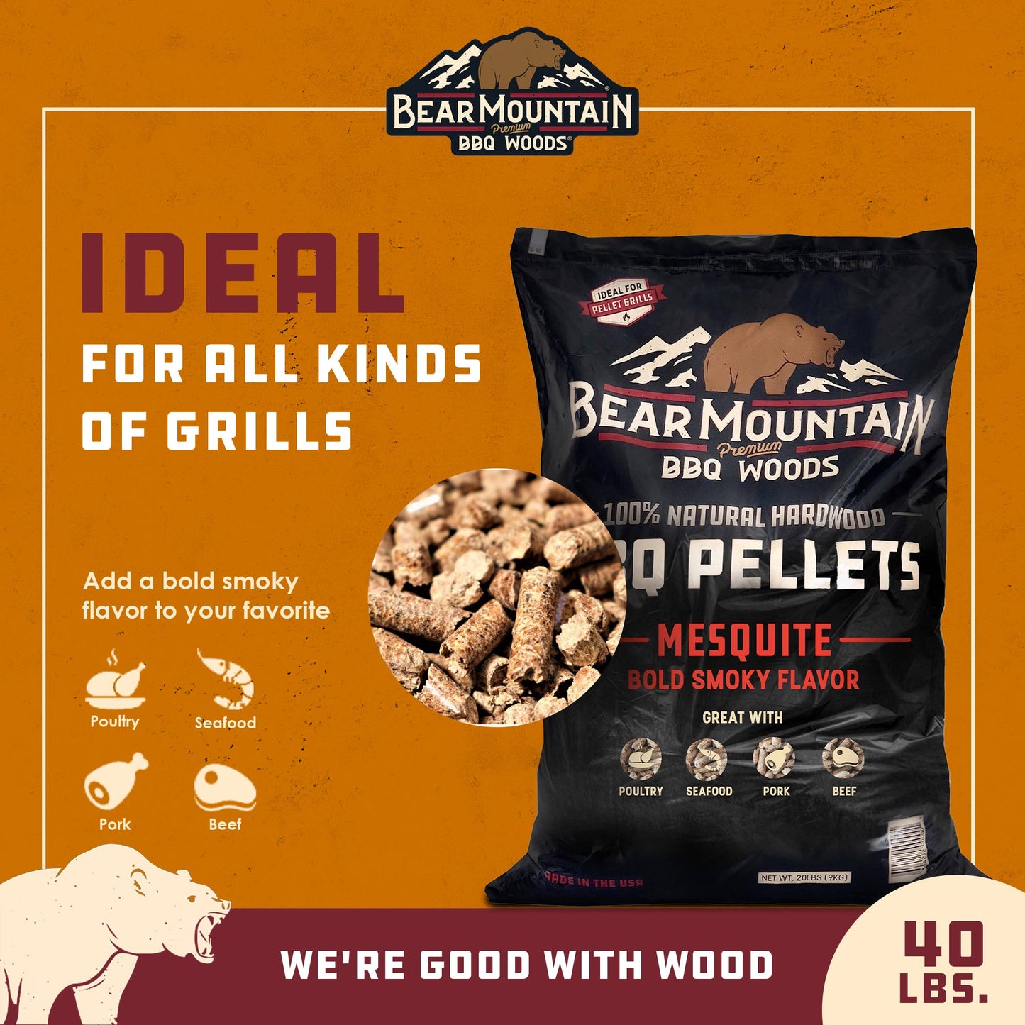 Bear Mountain BBQ All Natural Wood Mesquite Smoker Pellets, 40 Pounds (2 Pack) - Angler's Pro Tackle & Outdoors