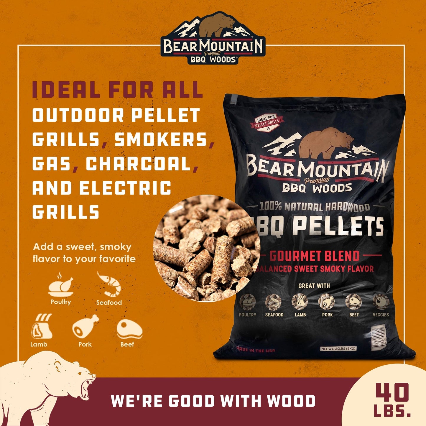 Bear Mountain BBQ FB99 All - Natural Hardwood Gourmet Blend Smoker Pellets, 40 lbs - Angler's Pro Tackle & Outdoors