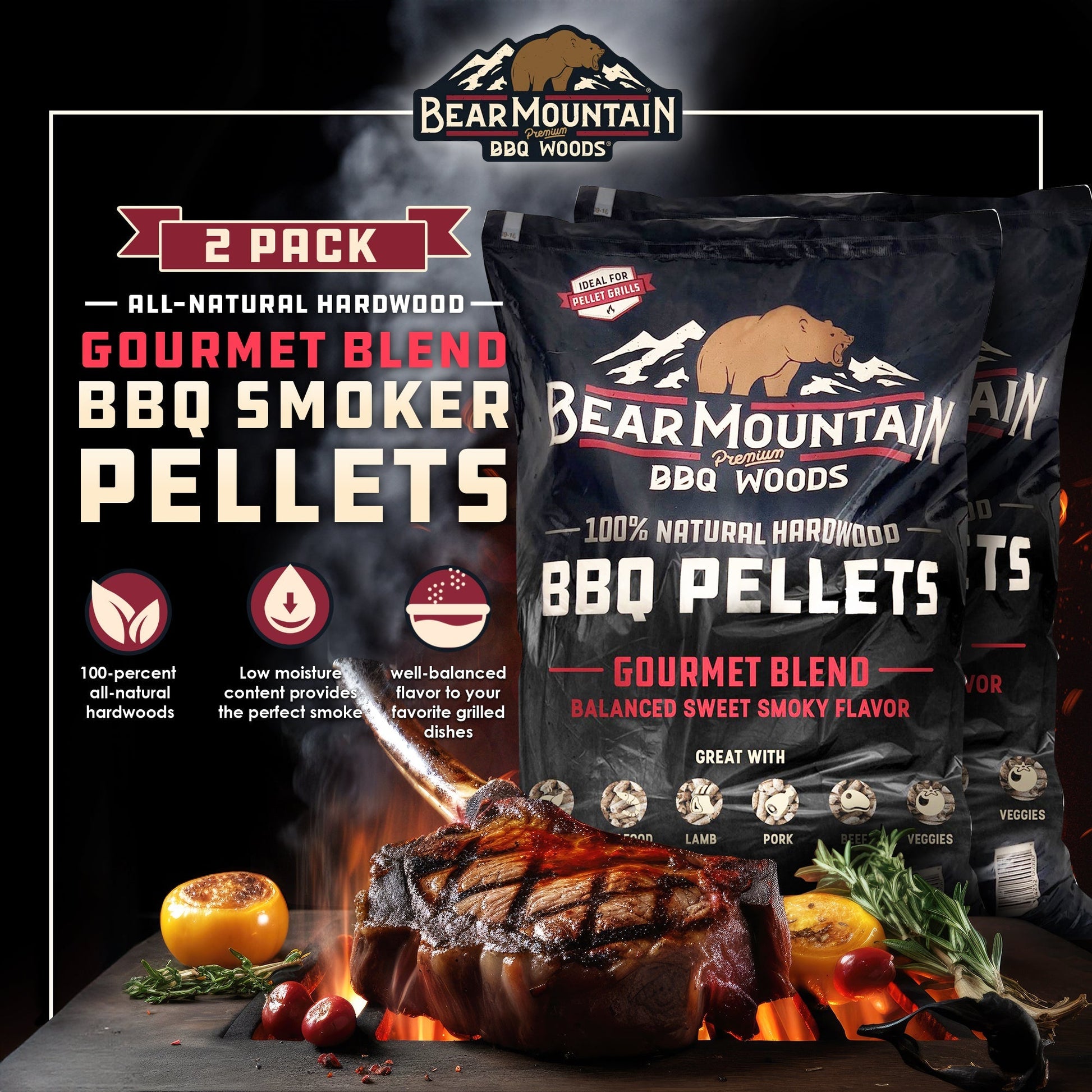 Bear Mountain BBQ Natural Hardwood Gourmet Blend Smoker Pellets, 20 lbs (2 Pack) - Angler's Pro Tackle & Outdoors