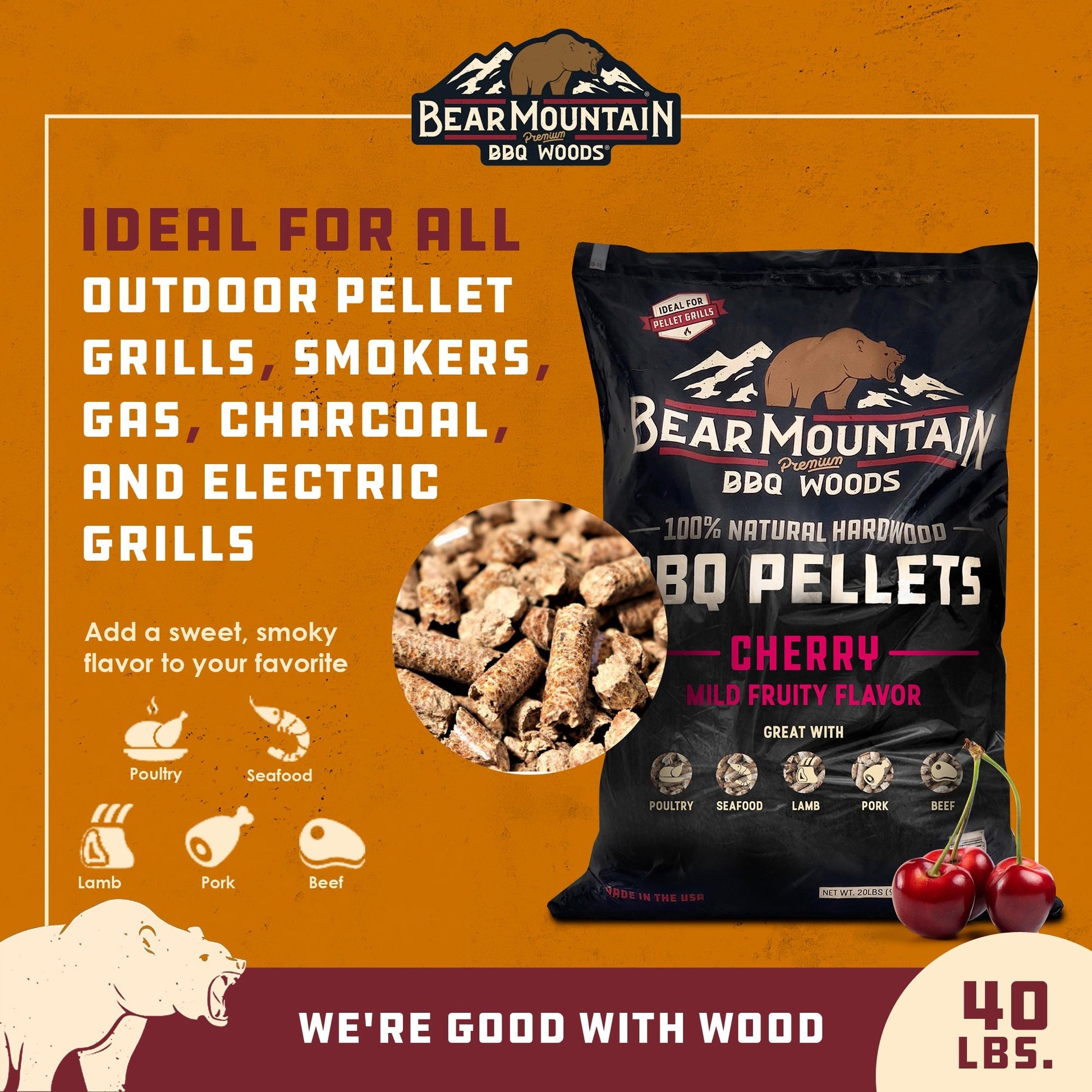 Bear Mountain BBQ Premium All Natural Hardwood Cherry Smoker Pellets, 40 Pounds - Angler's Pro Tackle & Outdoors