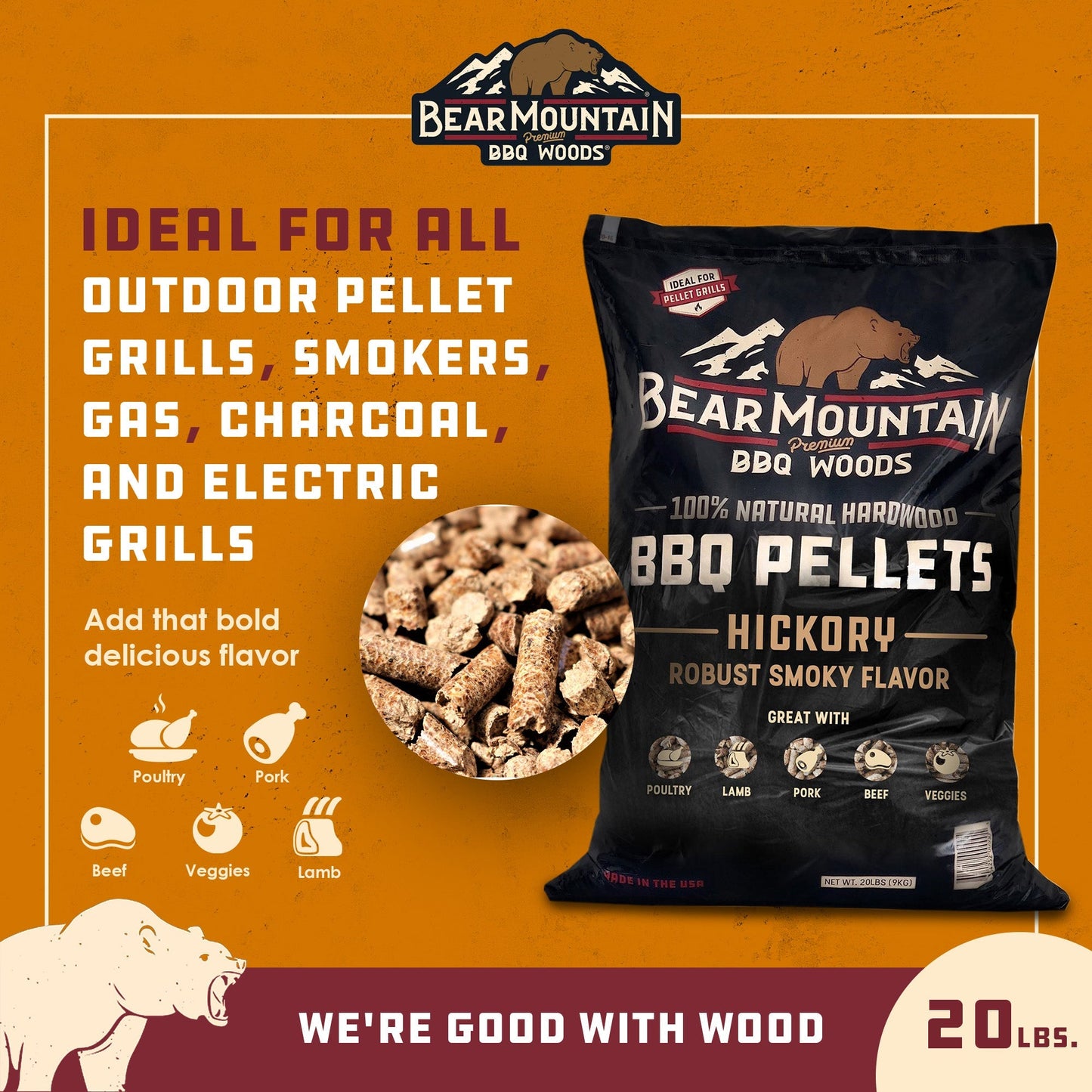 Bear Mountain BBQ Premium All - Natural Hardwood Hickory Smoker Pellets, 20 Pounds - Angler's Pro Tackle & Outdoors