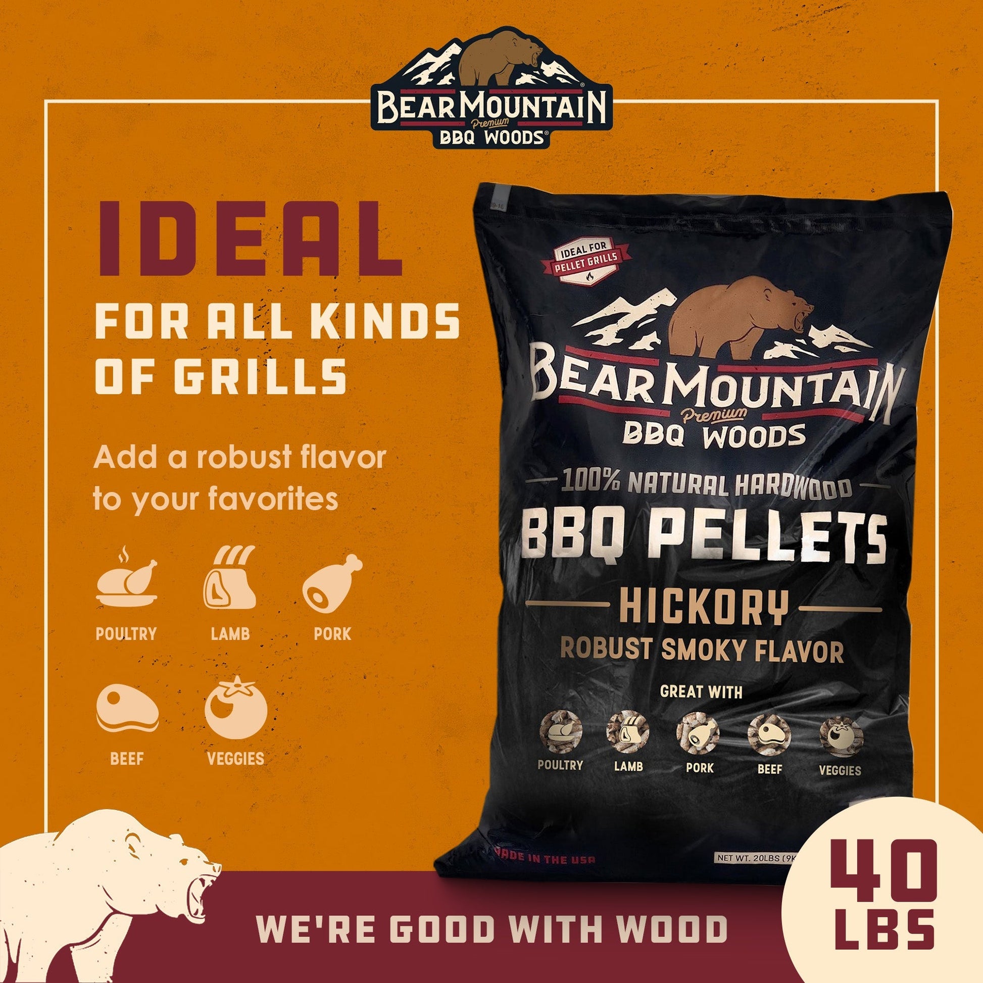 Bear Mountain BBQ Premium All - Natural Hardwood Hickory Smoker Pellets, 40 Pounds - Angler's Pro Tackle & Outdoors