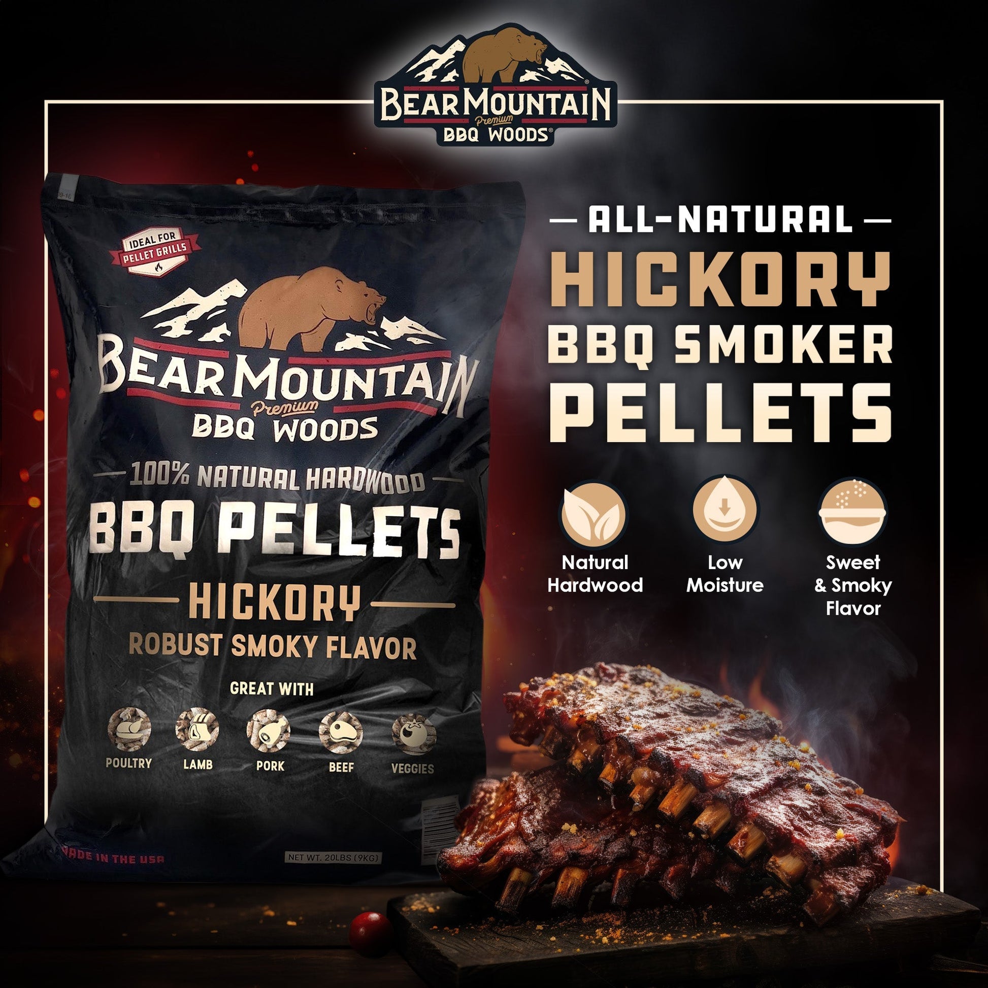 Bear Mountain BBQ Premium All - Natural Hardwood Hickory Smoker Pellets, 40 Pounds - Angler's Pro Tackle & Outdoors