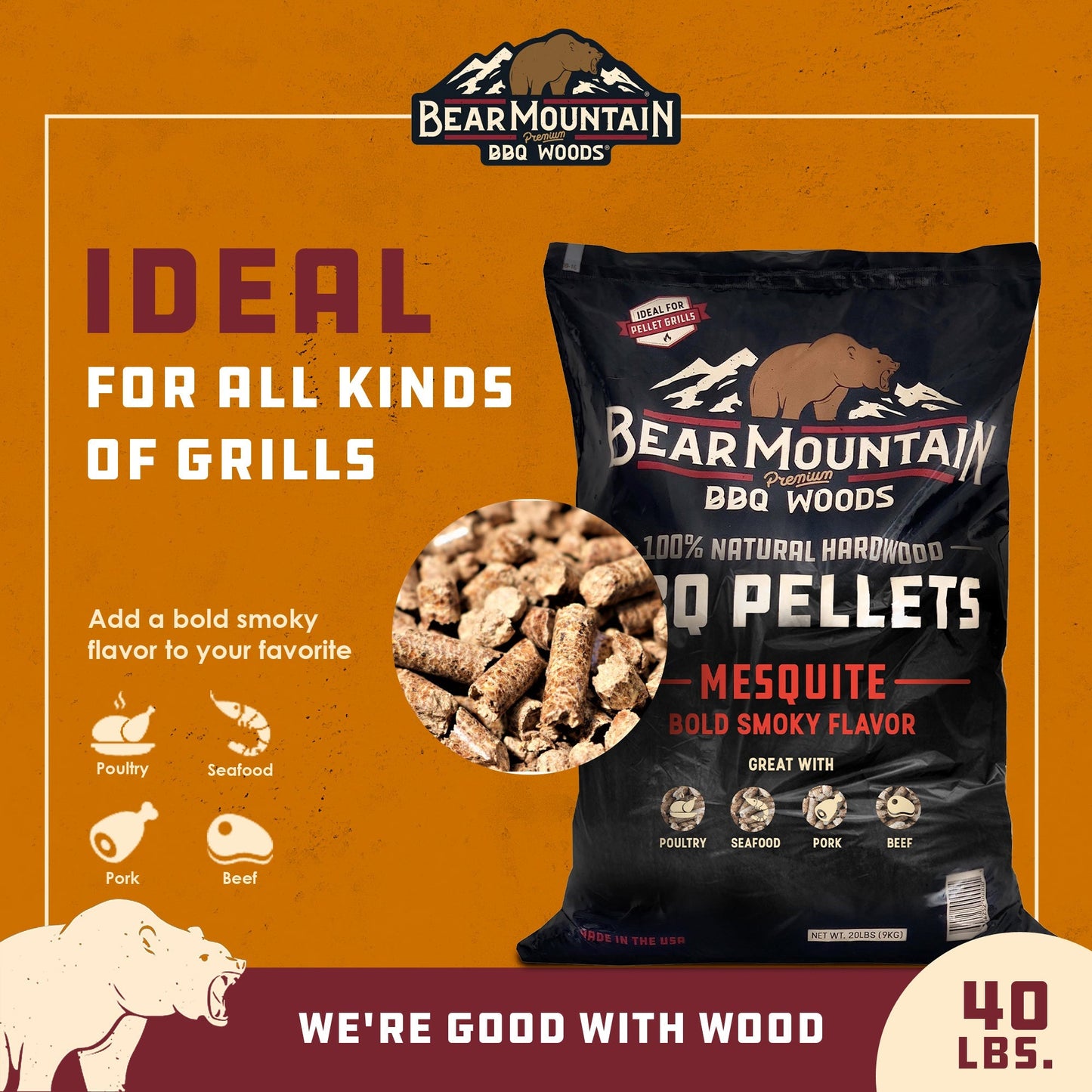 Bear Mountain BBQ Premium All Natural Wood Mesquite Smoker Pellets, 40 Pounds - Angler's Pro Tackle & Outdoors