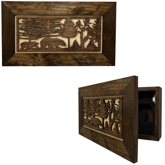 Bellewood Designs - Wood Gun Cabinet Bears In The Woods Wall Decoration - Hidden Gun Safe To Securely Store Your Gun In Plain Sigh